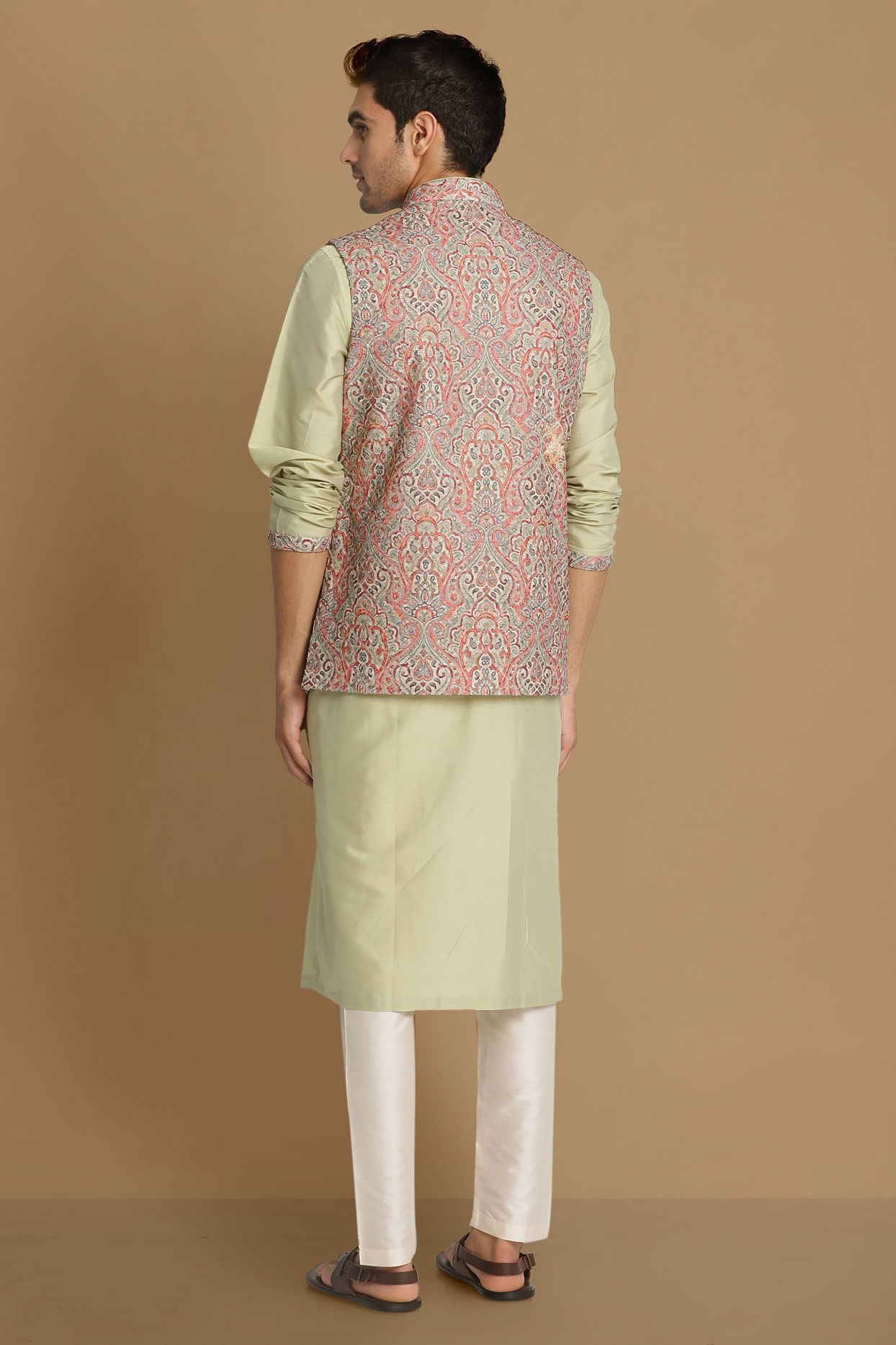 Manyavar Men Multicolored Jacket With Lime Green Kurta Set image number 2