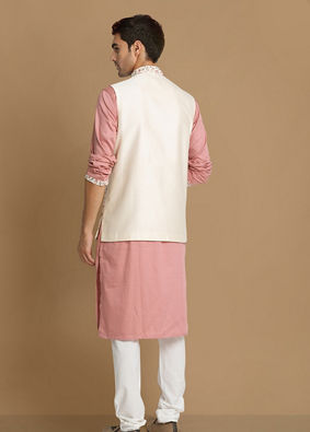 alt message - Manyavar Men Cream And Pink Kurta Jacket Set image number 2