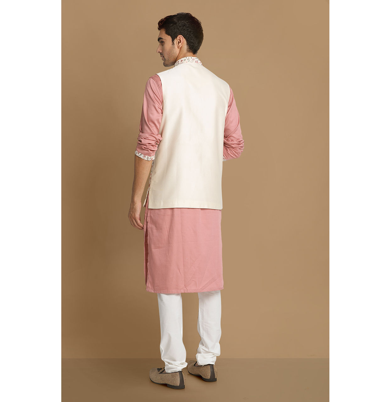 Manyavar Men Cream And Pink Kurta Jacket Set