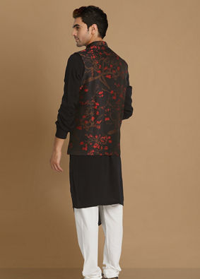 alt message - Manyavar Men Dark Blue Cherry Blossom Kurta Jacket image number 2