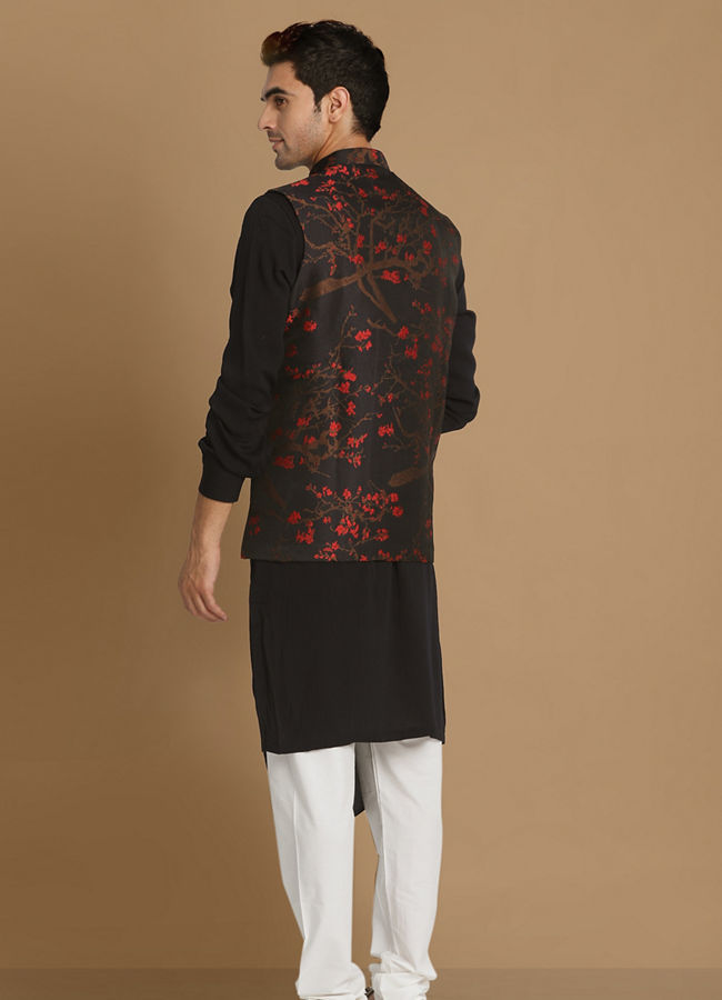 Manyavar Men Dark Blue Cherry Blossom Kurta Jacket