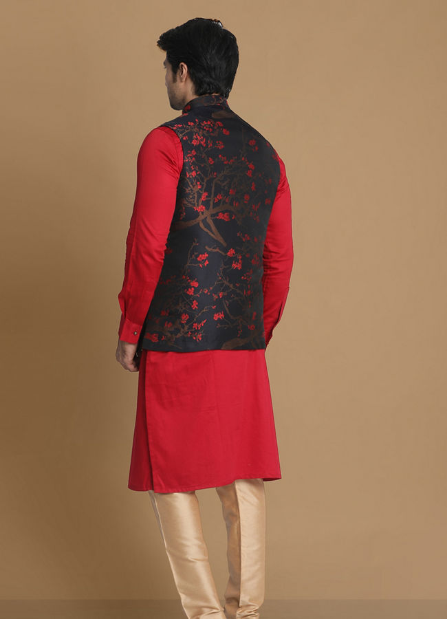 Manyavar Men Mesmerizing Red And Blue Kurta Jacket Set