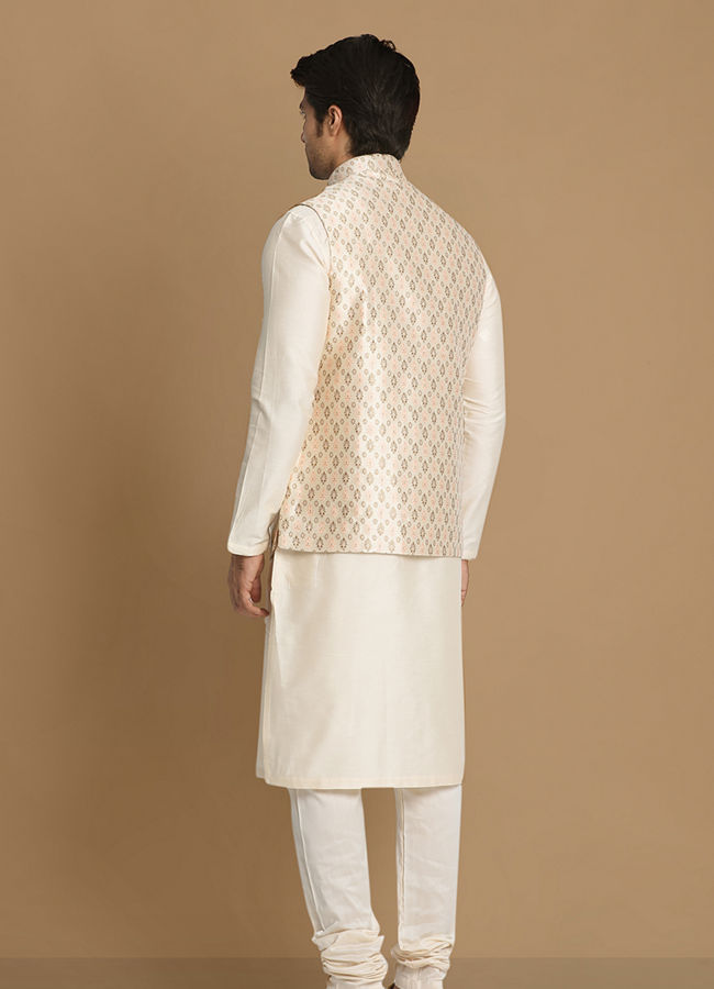 Manyavar Men Ivory Festive Kurta Jacket With Printed Motifs