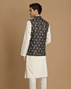 Manyavar Men Floral Print Blue Jacket With White Kurta Pajama