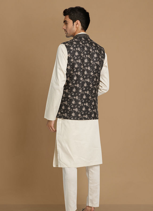 Manyavar Men Floral Print Blue Jacket With White Kurta Pajama