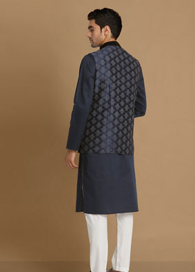 alt message - Manyavar Men Denim Blue Festive Kurta Jacket With White Pajama image number 2