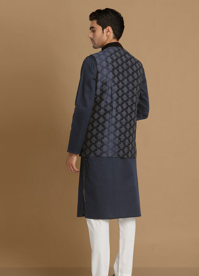 alt message - Manyavar Men Denim Blue Festive Kurta Jacket With White Pajama image number 2