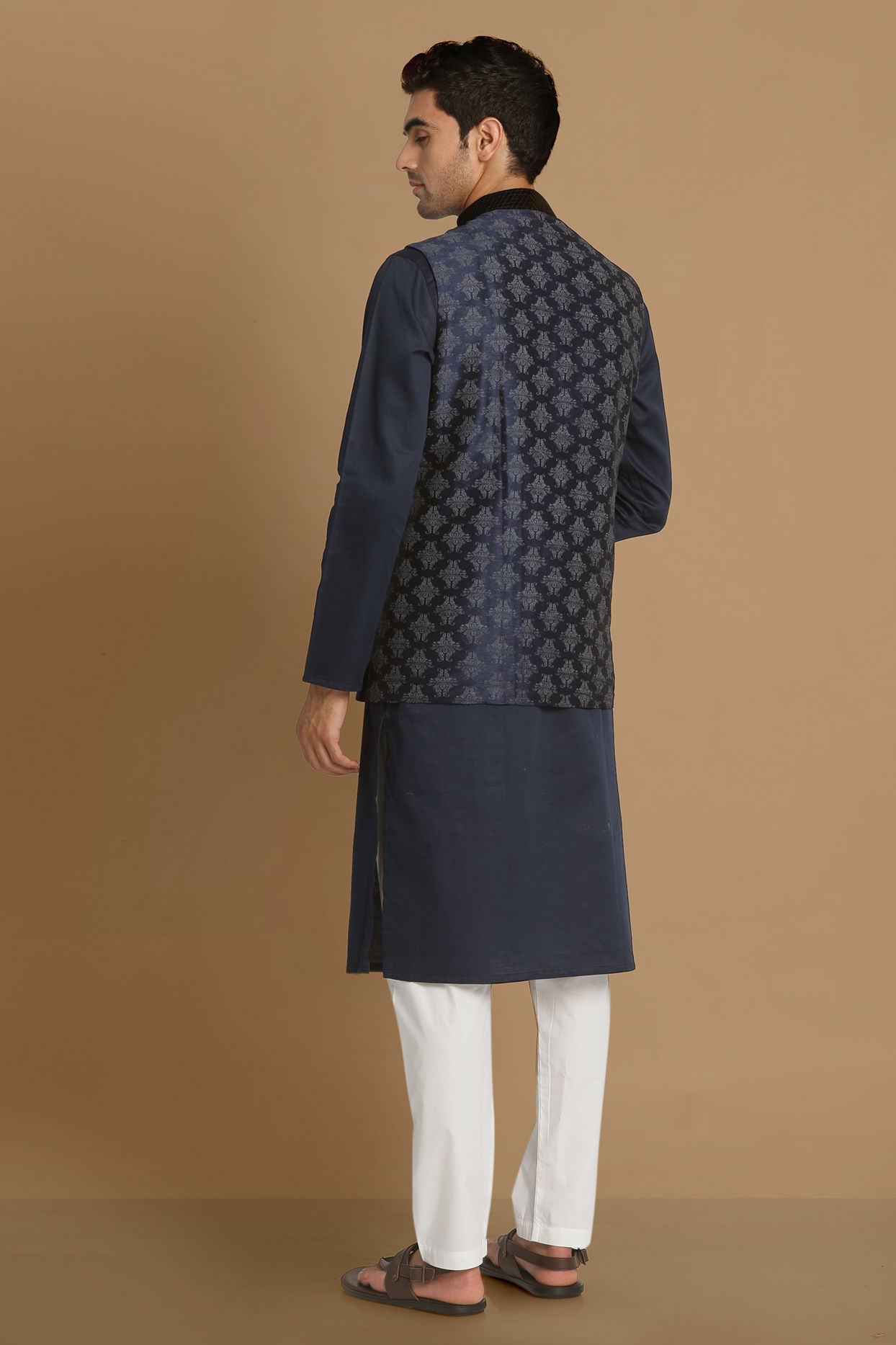 Manyavar Men Denim Blue Festive Kurta Jacket With White Pajama