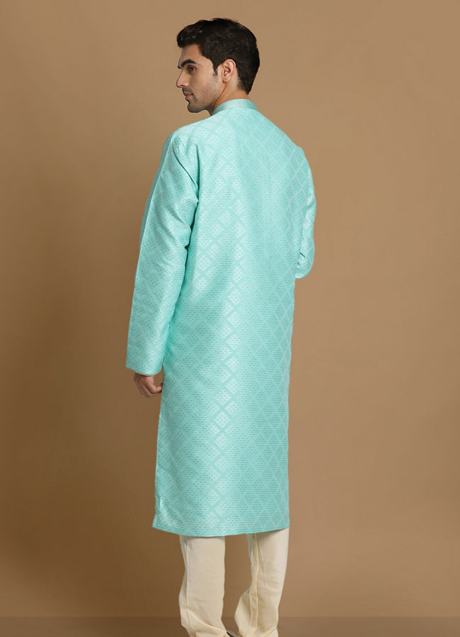 Manyavar Men Sea Green Jaquard Kurta Set