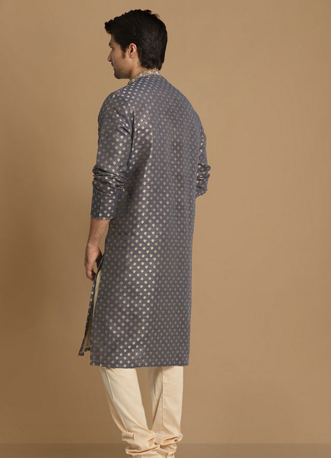 Manyavar Men Indigo Blue Booti Work Kurta Set image number 2