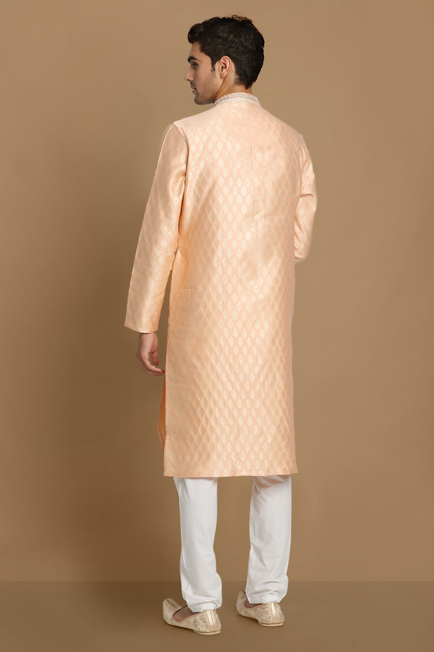 Manyavar Men Light Peach Self Motif Kurta Set