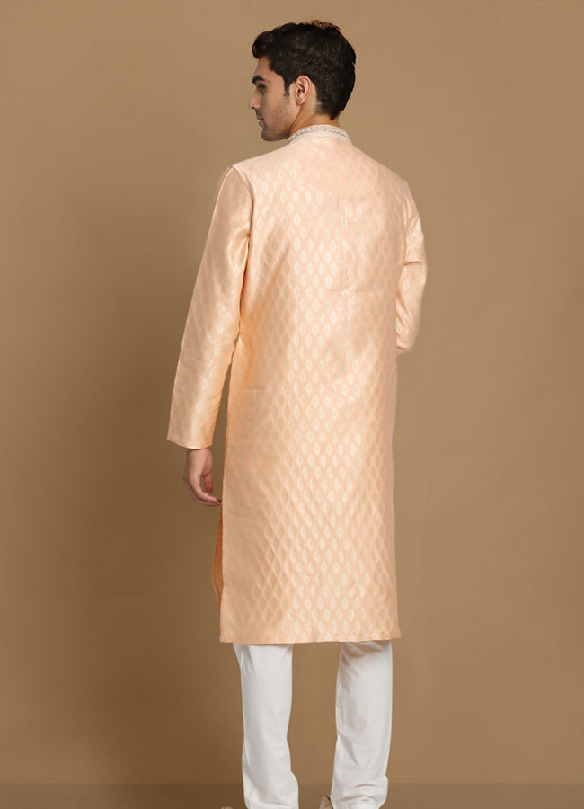 Manyavar Men Light Peach Self Motif Kurta Set image number 2