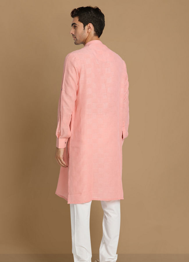 Manyavar Men Salmon Pink Self Chequered Kurta