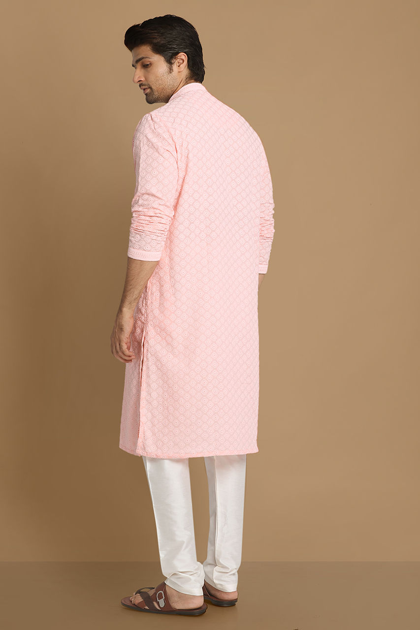 Manyavar Men Light Pink Chikankari Kurta Set