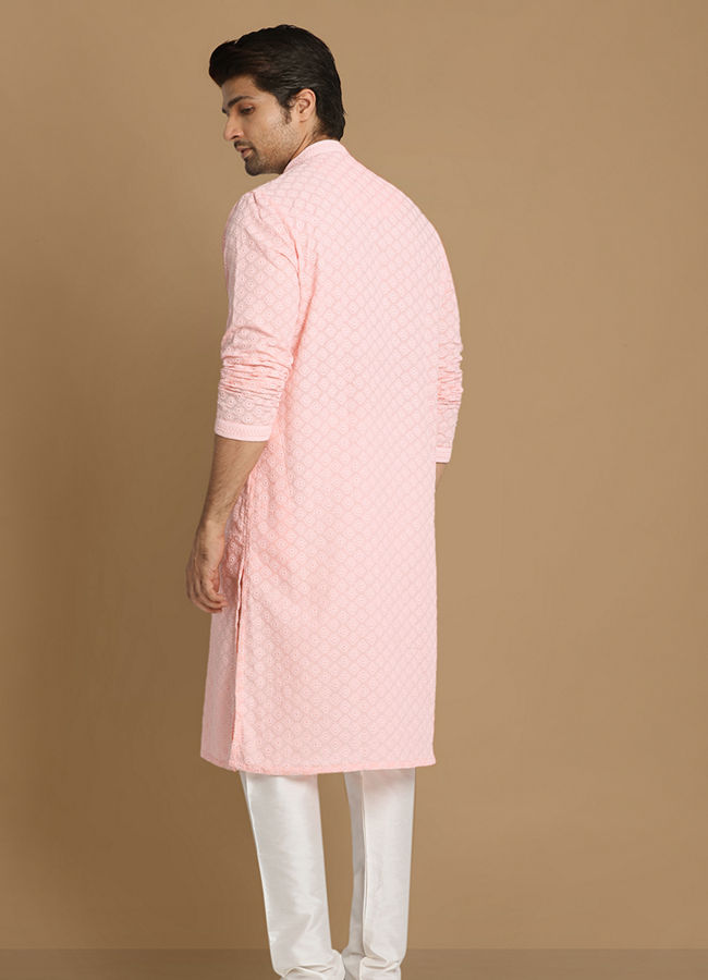 Manyavar Men Light Pink Chikankari Kurta Set