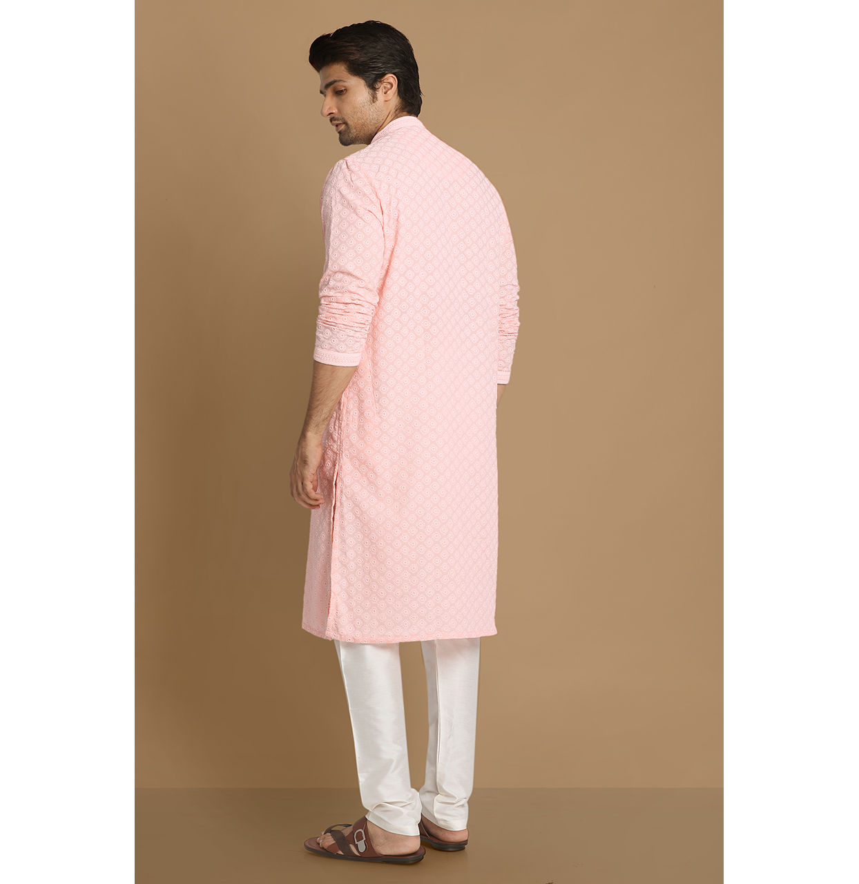 Manyavar Men Light Pink Chikankari Kurta Set