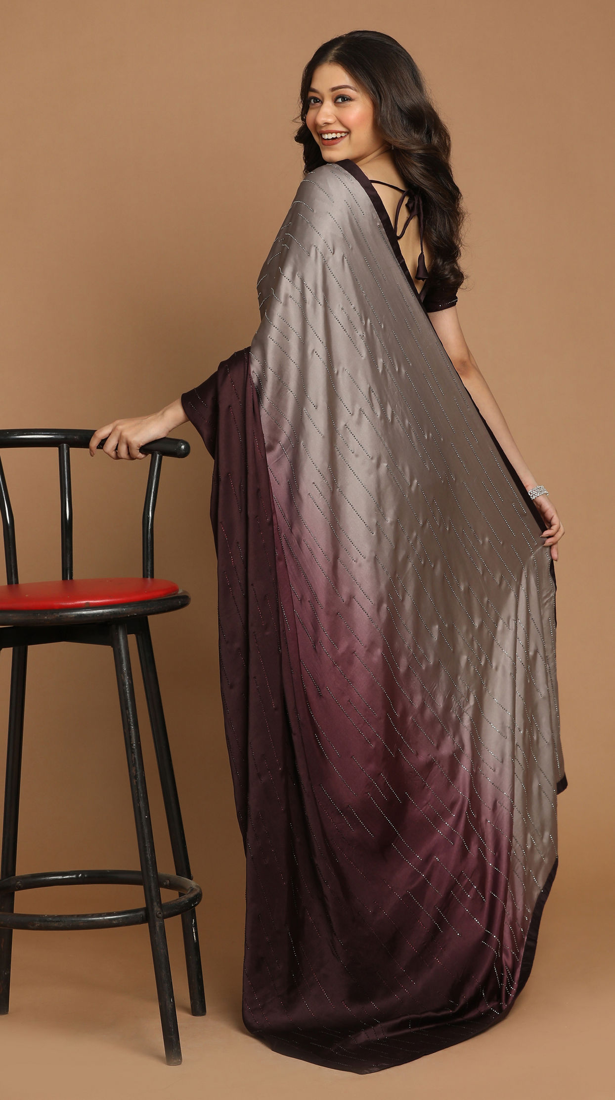 Partywear Wine And Grey Saree image number 2