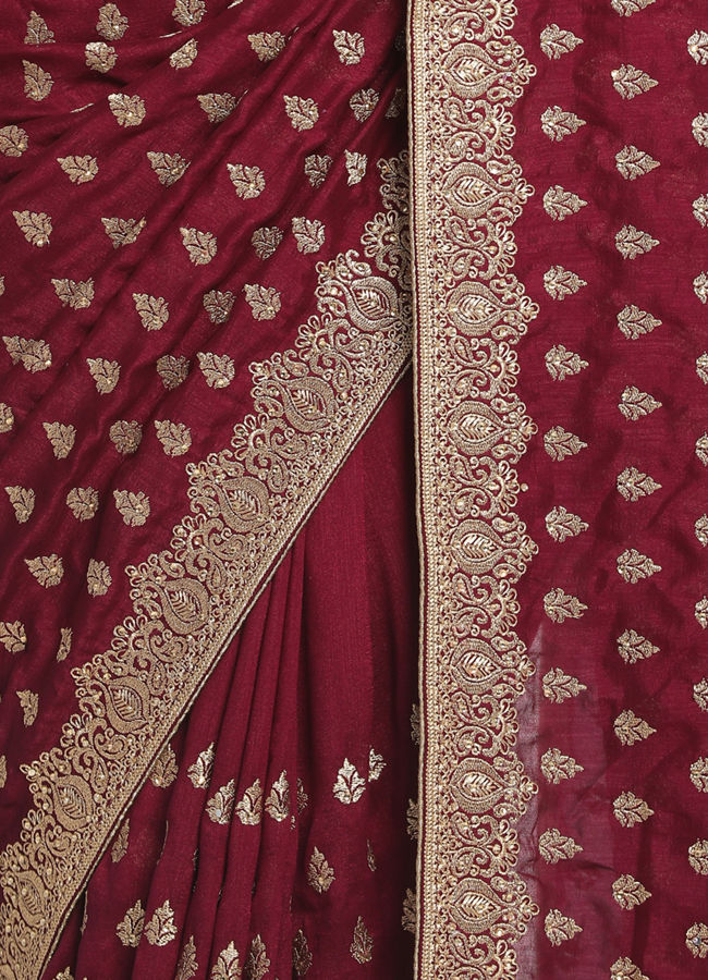 Royal Wine Embroidered Saree image number 2