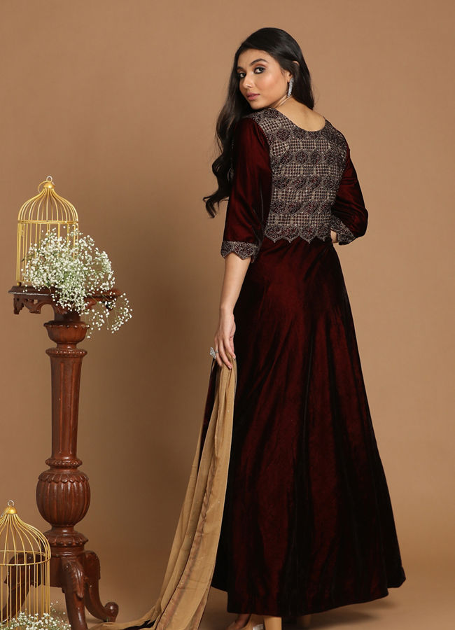 Mohey Women Velvet Maroon Gown