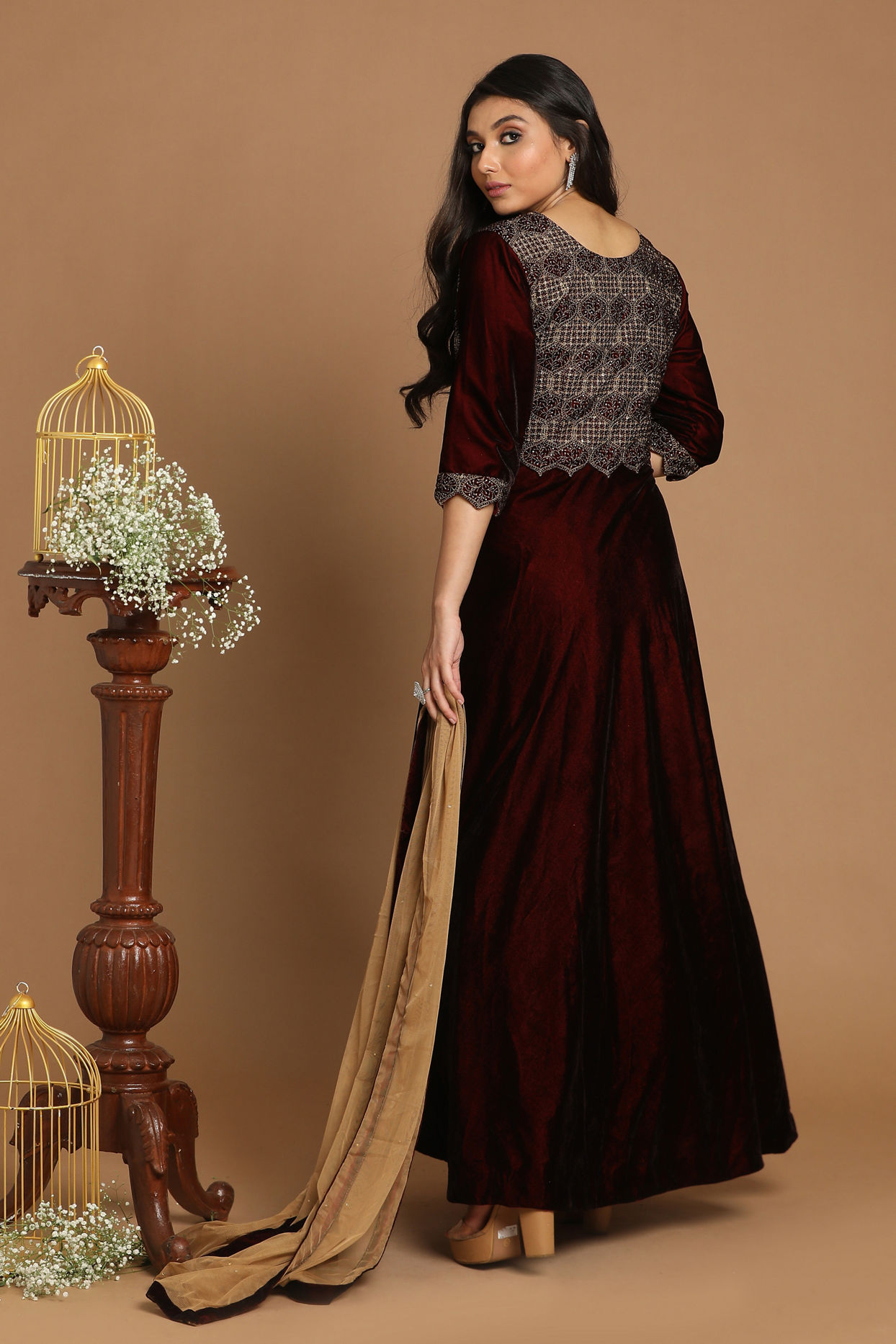 Mohey Women Velvet Maroon Gown