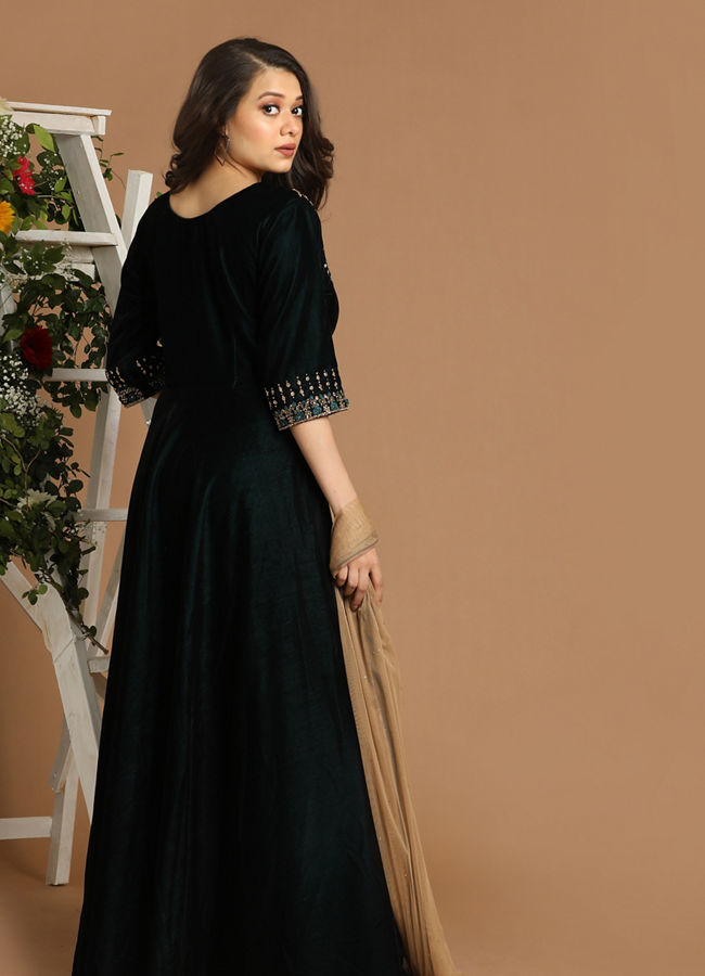 Mohey Women Velvet Bottle Green Gown