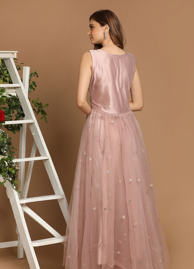 Pink Net Gown With Embroidery