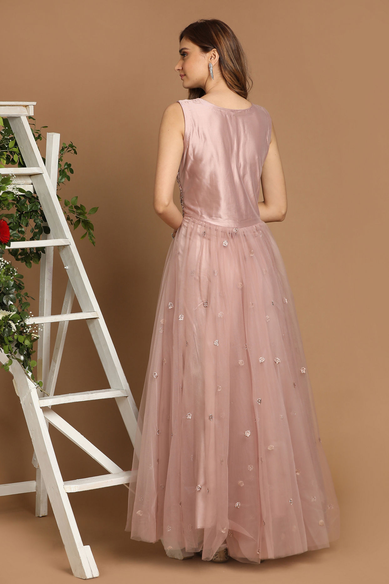 Mohey Women Pink Net Gown With Embroidery