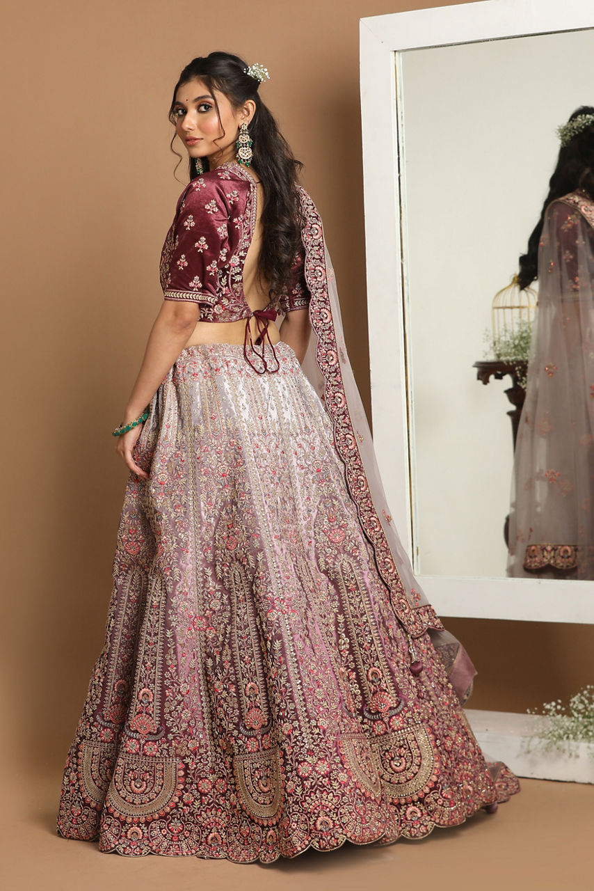 Mohey Women Purple Imperial Patterned Embroidered Bridal Lehenga