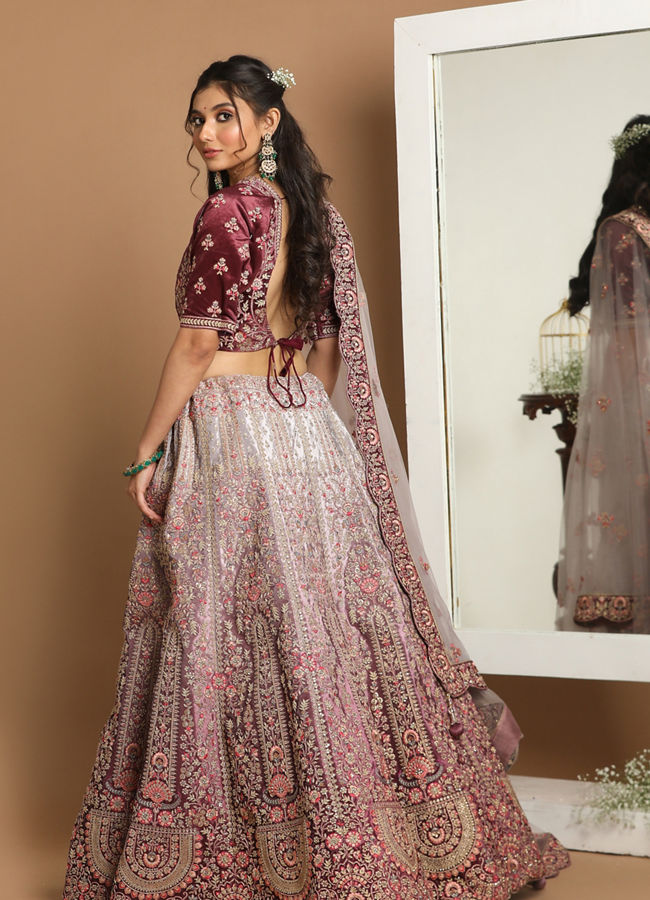 Purple Imperial Patterned Embroidered Bridal Lehenga image number 3