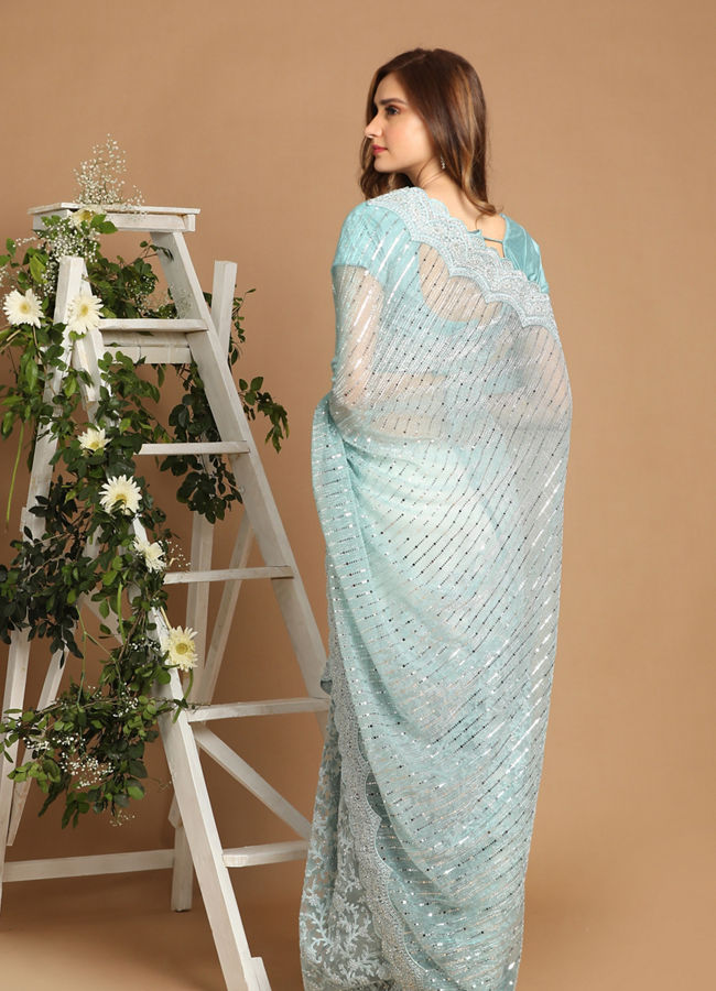 Mohey Women Light Blue Net Saree