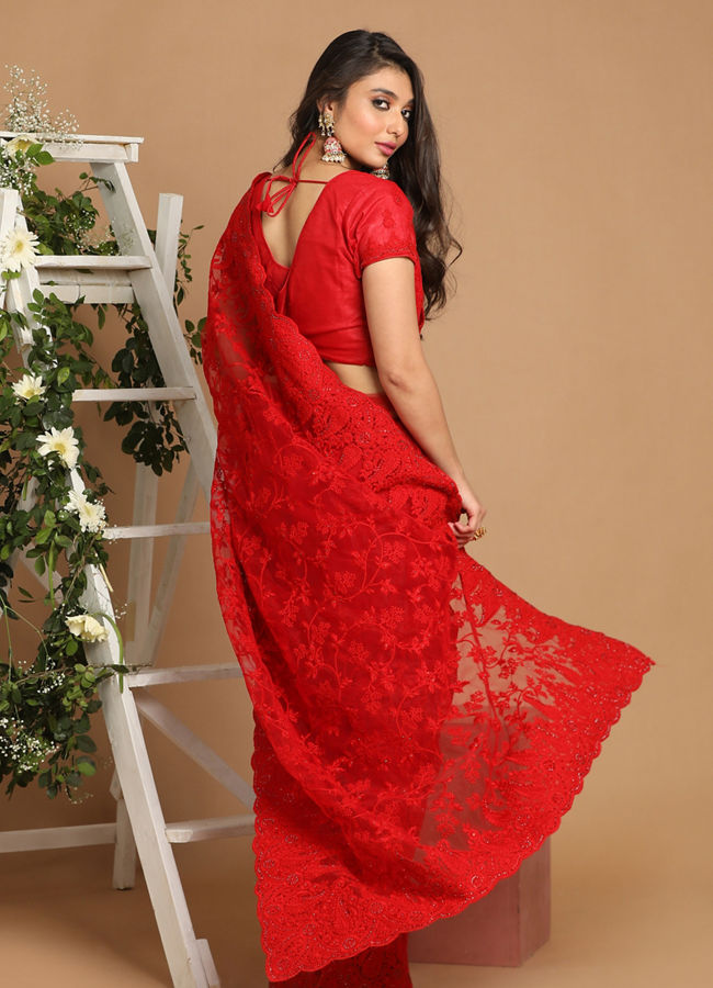 Mohey Women Gorgeous Red Net Saree
