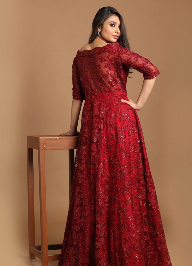 Mohey Women Bold Maroon Embellished Gown