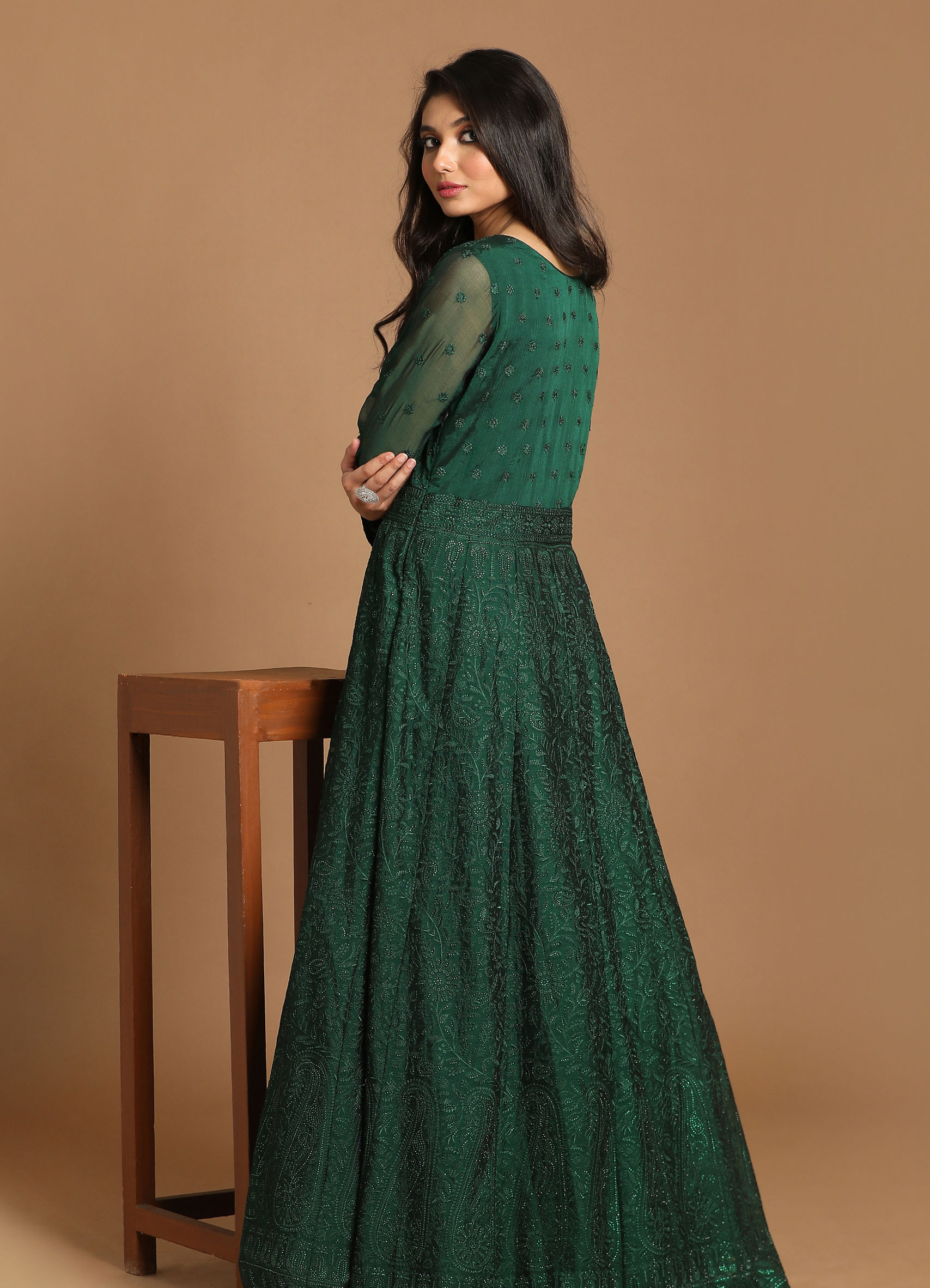 bottle green indian dress Buy Bottle Green Reshamkari Embroidery Wedding Anarkali Dress