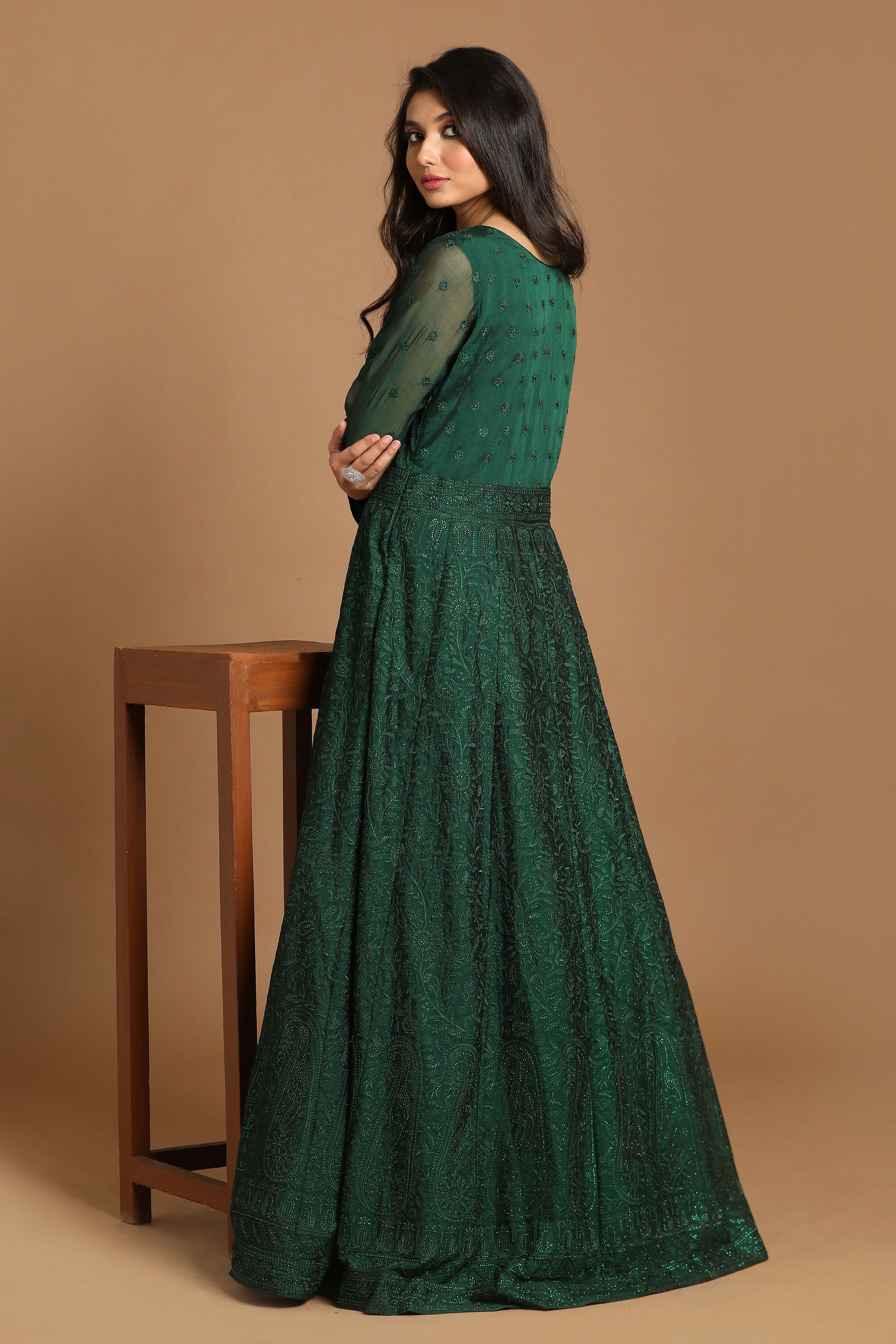 green dress for women indian Emerald Green Kurti Pant Suit: Hand Embroidered Indian Dress