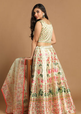 Glimmery Green Floral Print Lehenga image number 3