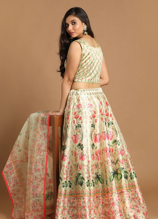 Glimmery Green Floral Print Lehenga image number 3