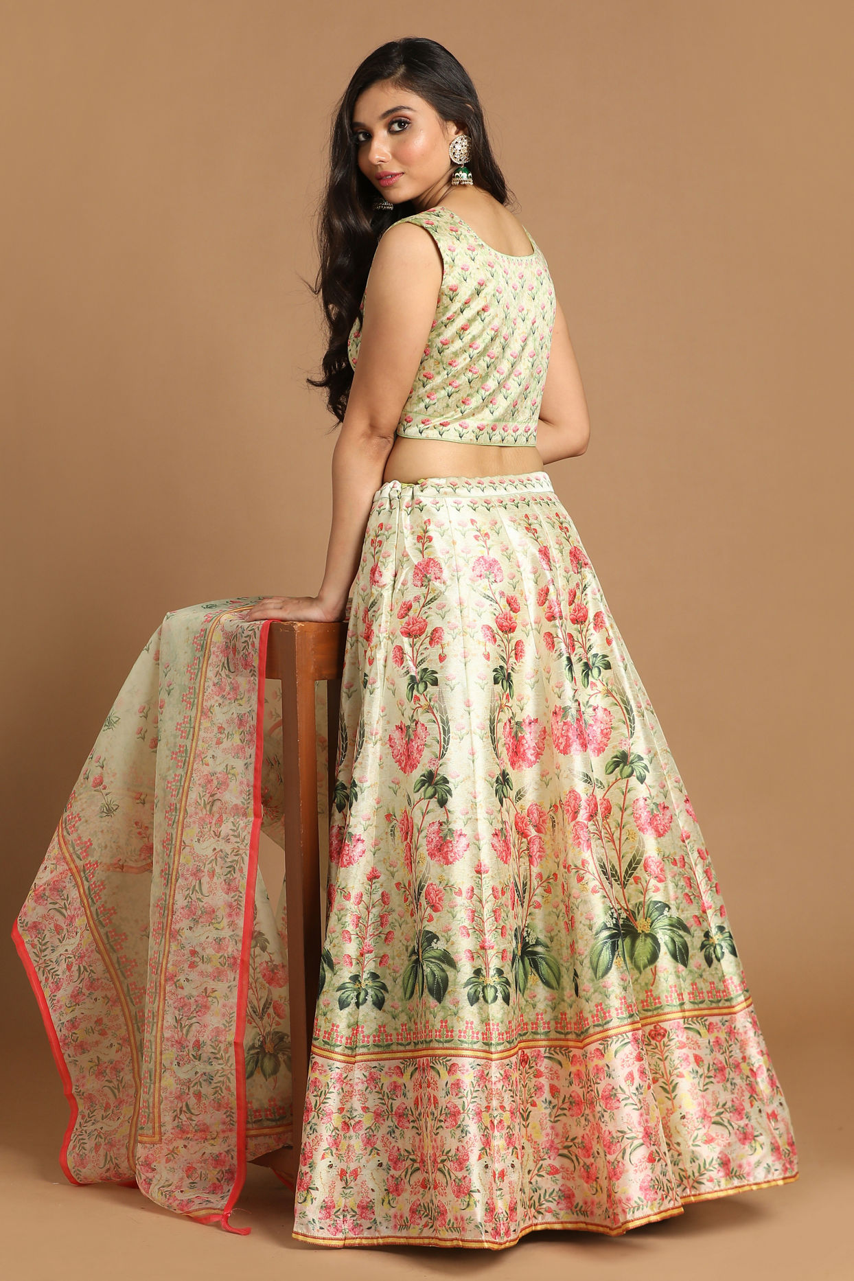 Mohey Women Glimmery Green Floral Print Lehenga