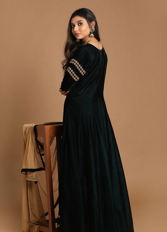 Green velvet embroidery work gown  Velvet dress designs, Gowns, Frock for  women