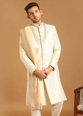 alt message - Manyavar Men Quintessential Cream Sherwani image number 1