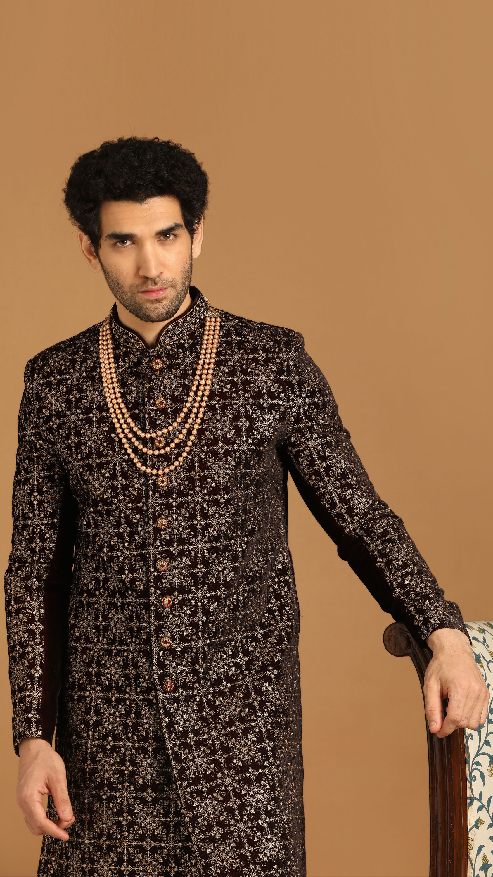 Manyavar Men Regal Velvet Maroon Sherwani Set