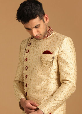 alt message - Manyavar Men Minimalist Light Beige Sherwani image number 0