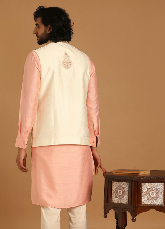 Cream And Gajaree Kurta Jacket Set image number 2