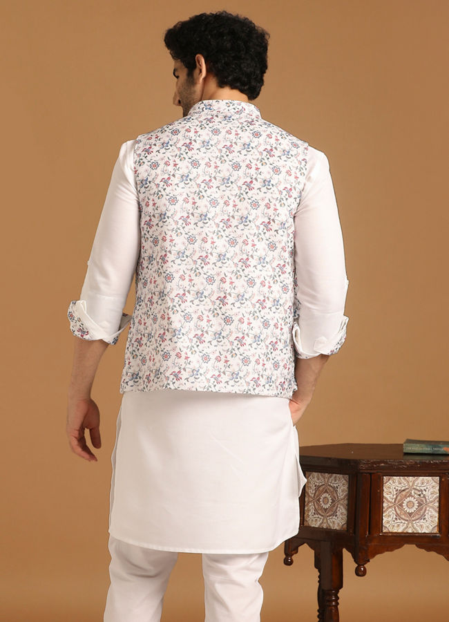 Manyavar Men Light Cream Floral Print Kurta Jacket Set