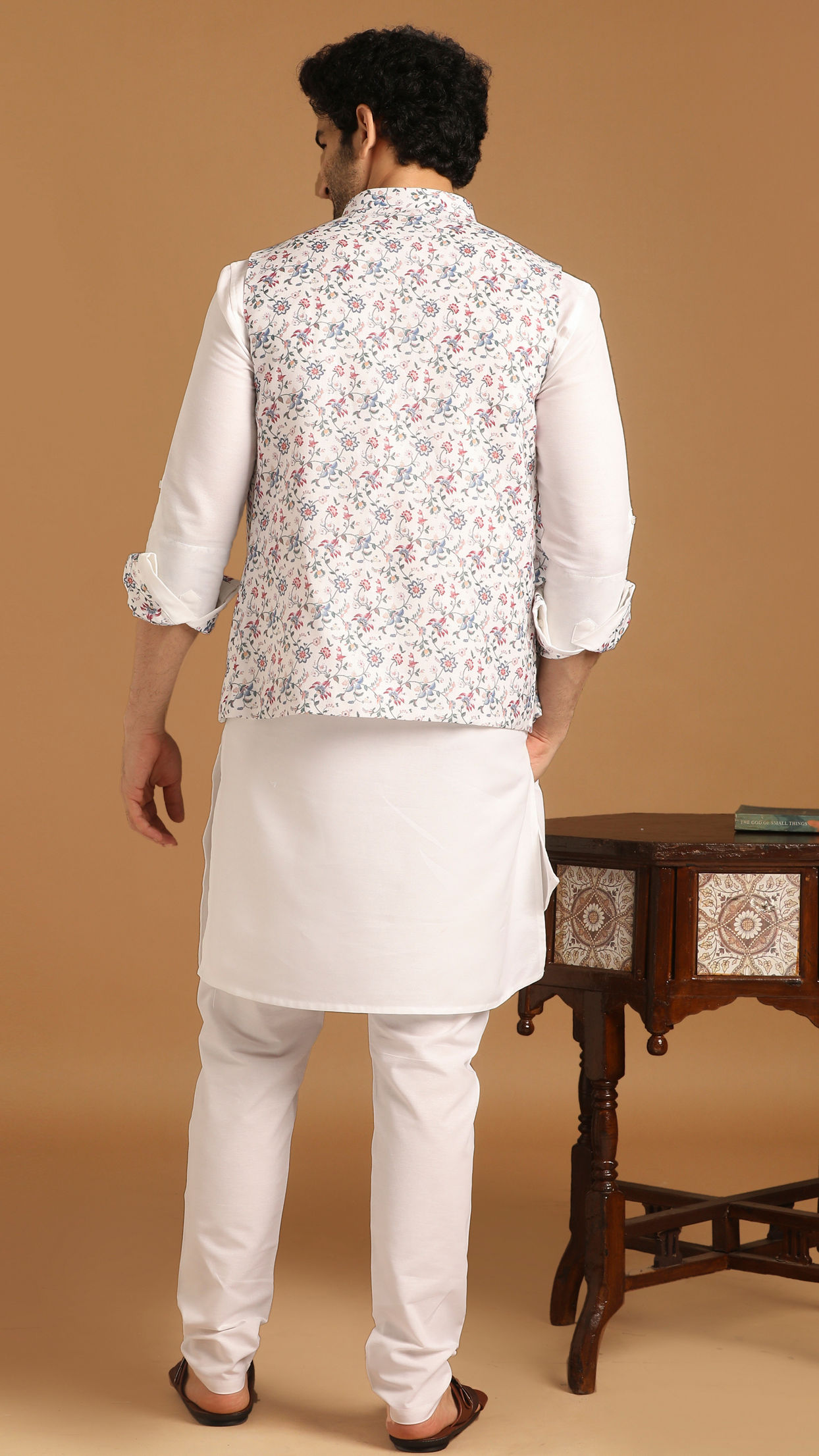 Manyavar Men Light Cream Floral Print Kurta Jacket Set
