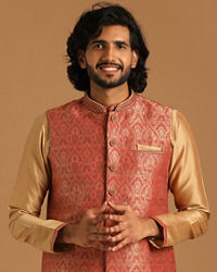 Manyavar Men Rust And Gold Kurta Jacket Set