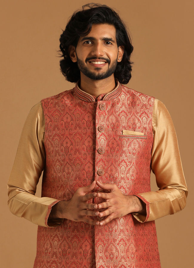 alt message - Manyavar Men Rust And Gold Kurta Jacket Set image number 0