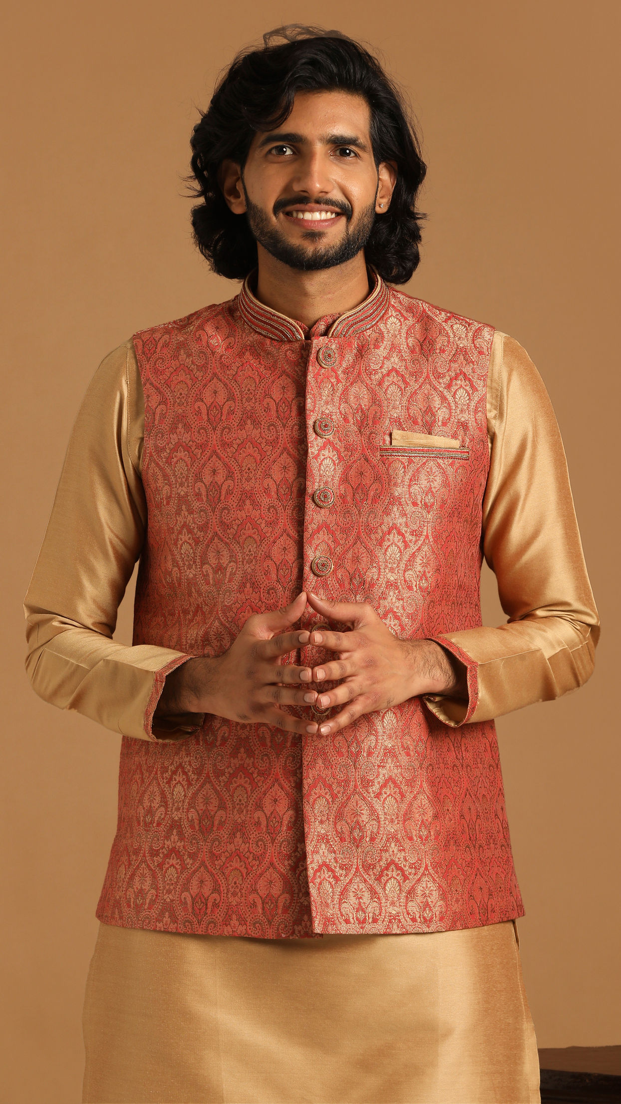 alt message - Manyavar Men Rust And Gold Kurta Jacket Set image number 0