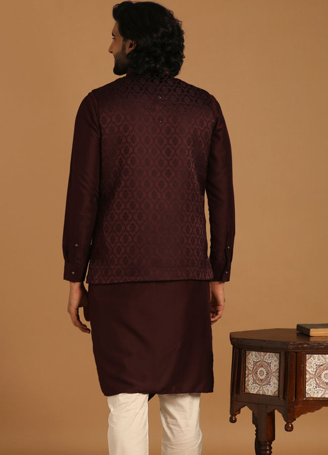 Manyavar Men Wine Self Design Kurta Jacket Set