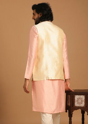 Beige And Pink Floral Kurta Jacket image number 3