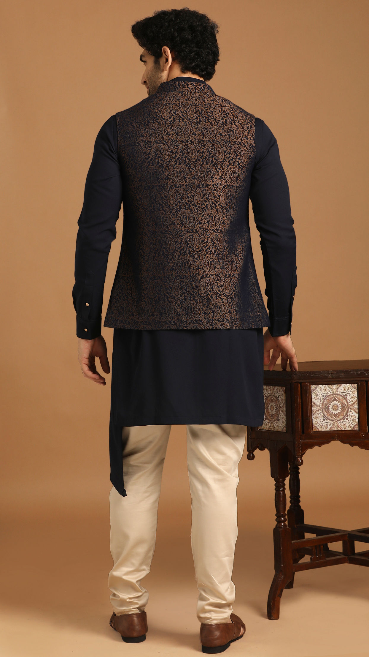 Manyavar Men Blue Draped Kurta Jacket Set